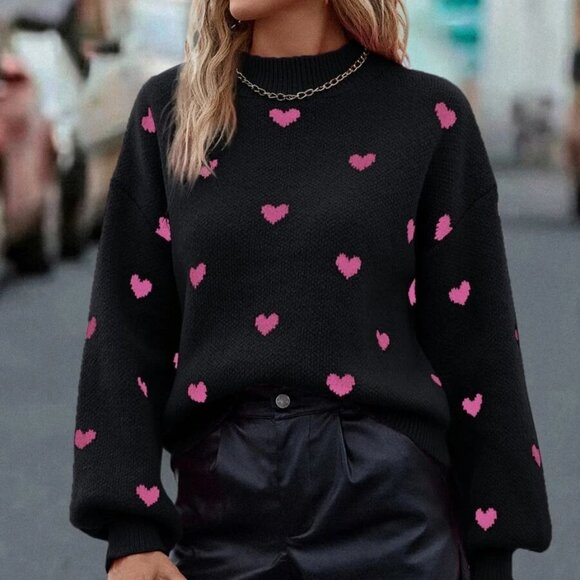Black Casual Womens Heart Pattern Mock Neck Drop Shoulder Sweater - Picture 3 of 5